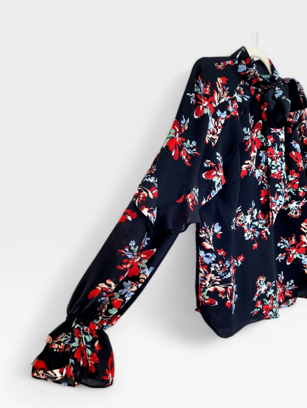 Lauren Ralph Lauren Black Multi Floral Tie-Neck Blouse Ruffle Trim Medium - Picture 3 of 10